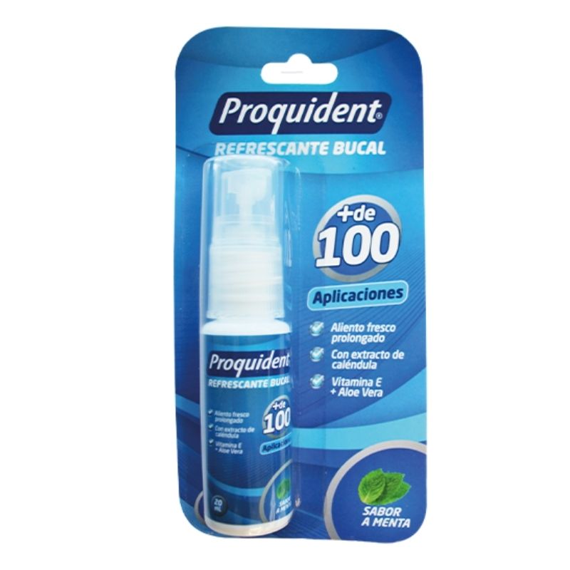 Refrescante bucal Proquident material de higiene oral que contiene ingredientes naturales que además de generar un aliento agradable y prolongado sabor a menta, ayuda a proteger tu boca contra las caries