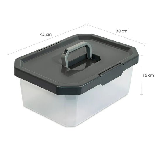 Caja Organizadora Estrabox con Manija 11L Natural-Gris. Caja organizadora de 11L con broches y tapa con manija logran...