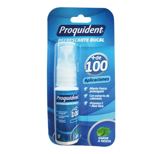 Refrescante bucal Proquident material de higiene oral que contiene ingredientes naturales que además de generar un aliento agradable y prolongado sabor a menta, ayuda a proteger tu boca contra las caries